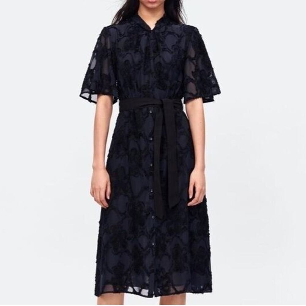 Zara Laced Jacquard Fringe Lined Midi Dress Shortsleeve Keyhole S Dark Navy Blue